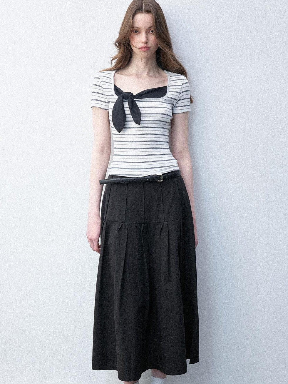 Luamoss Recycled Slim Square Neck White Striped Women Short Sleeve T-Shirts