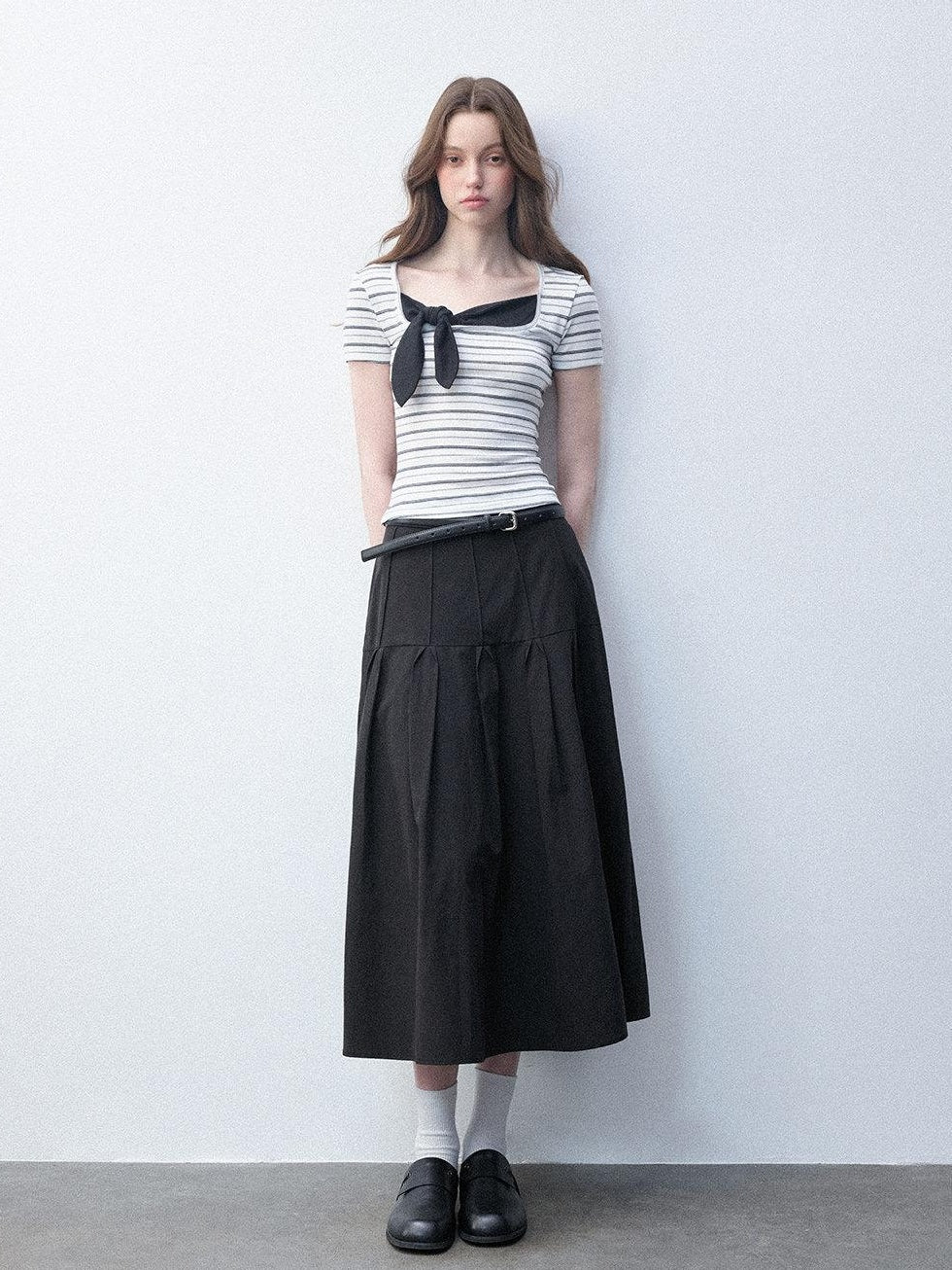 Luamoss Recycled Slim Square Neck White Striped Women Short Sleeve T-Shirts