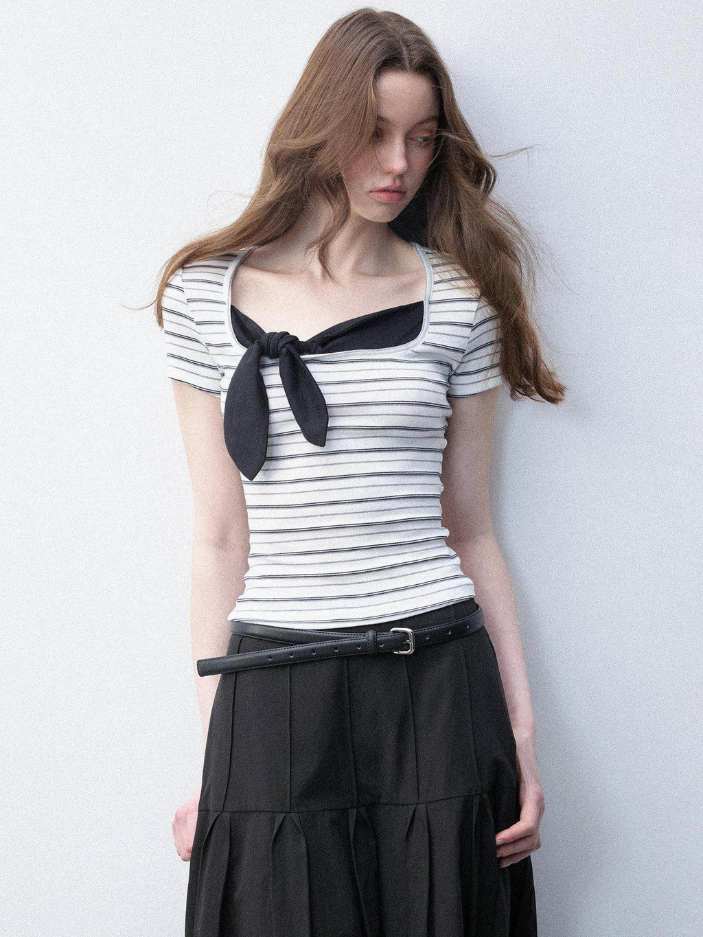 Luamoss Recycled Slim Square Neck White Striped Women Short Sleeve T-Shirts