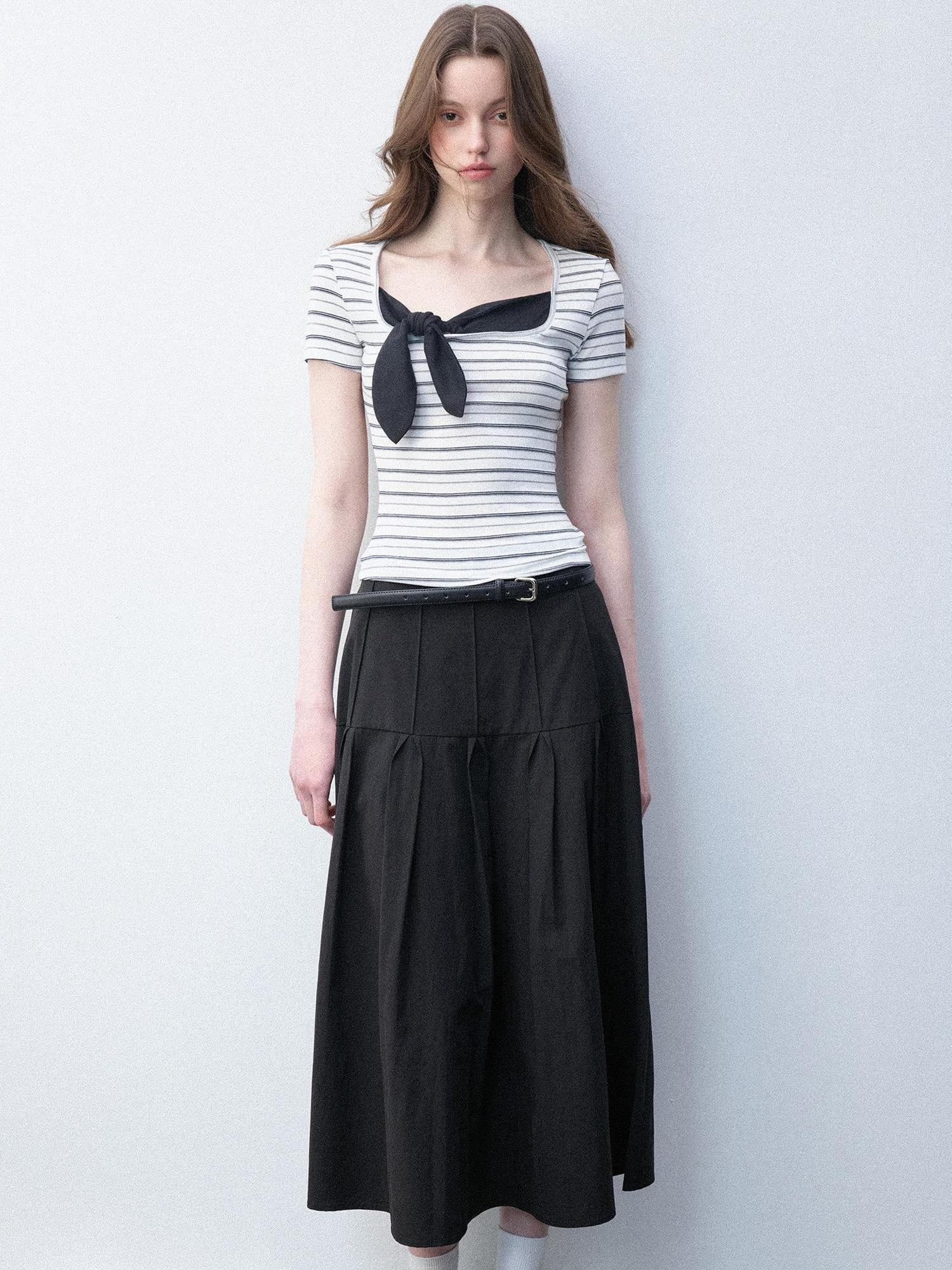 Luamoss Recycled Slim Square Neck White Striped Women Short Sleeve T-Shirts