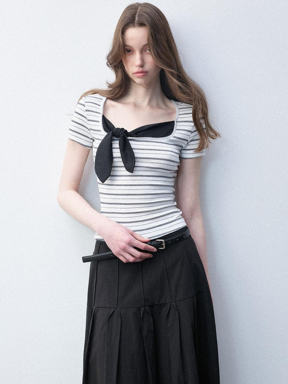Luamoss Recycled Slim Square Neck White Striped Women Short Sleeve T-Shirts