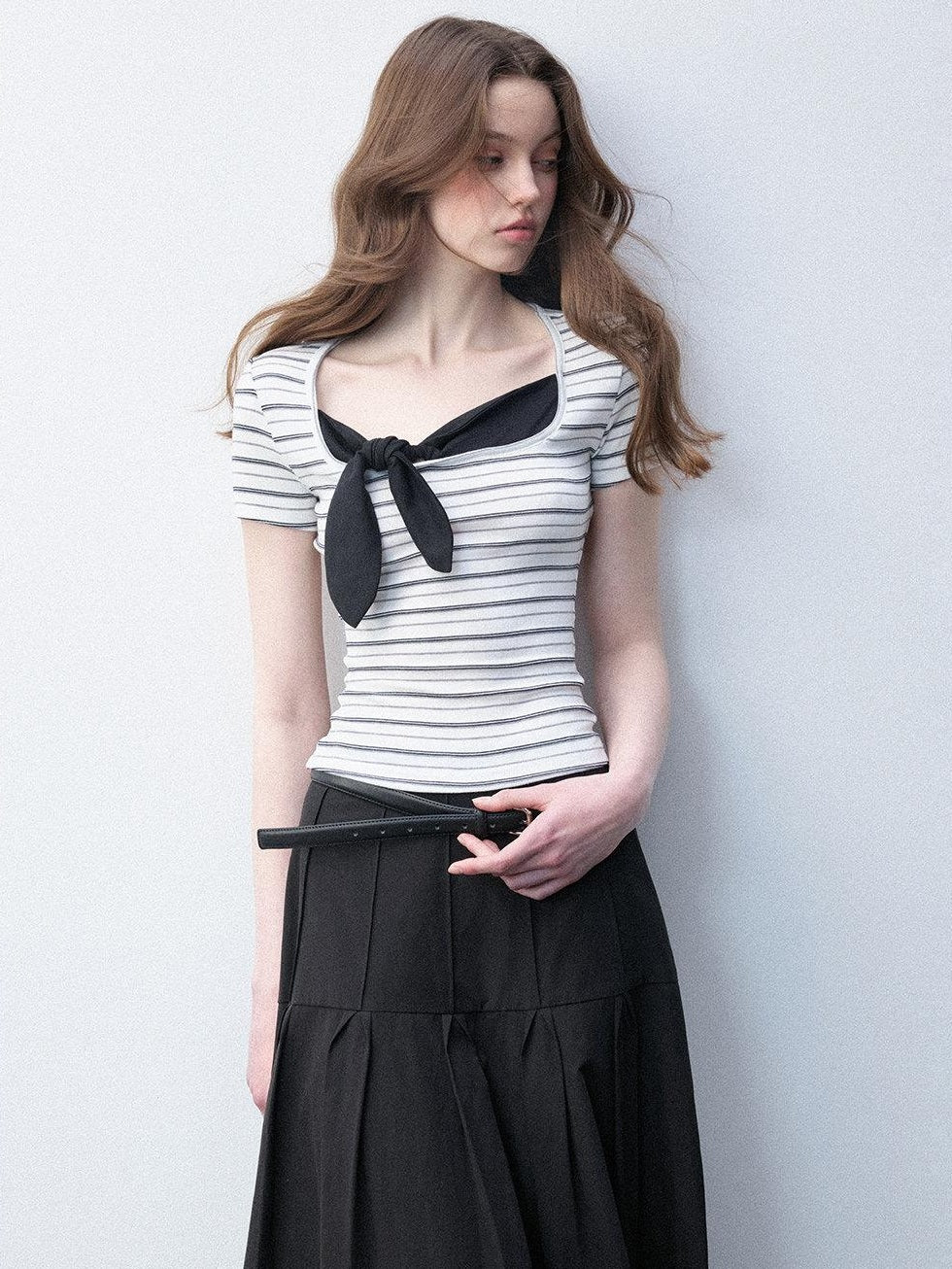 Luamoss Recycled Slim Square Neck White Striped Women Short Sleeve T-Shirts