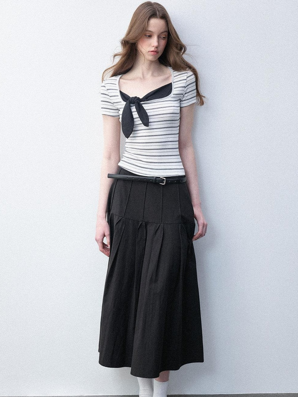 Luamoss Recycled Slim Square Neck White Striped Women Short Sleeve T-Shirts