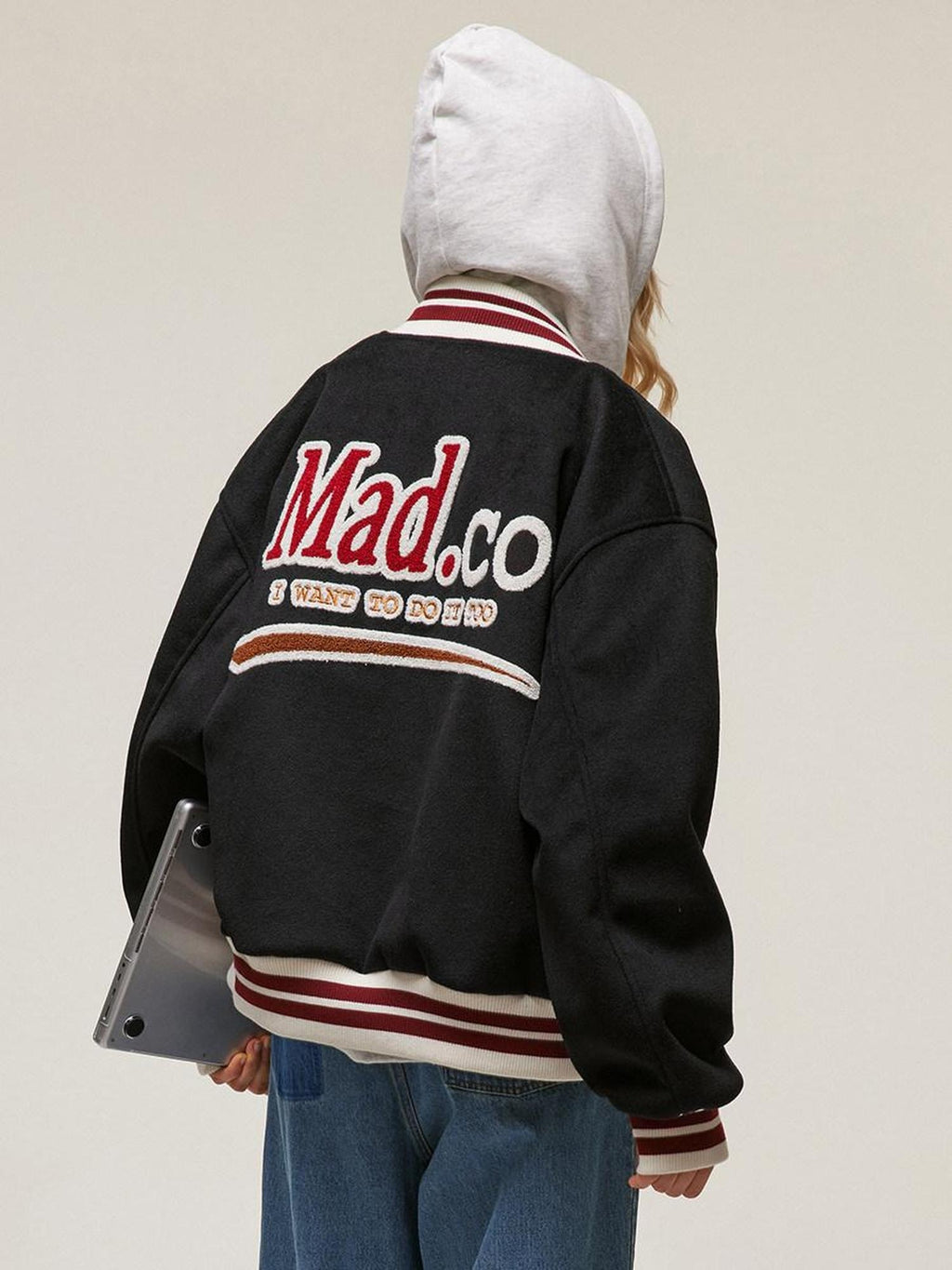 Luamoss Relaxed Oversized Collarless Long Sleeve Teen Casual Beige Black Varsity Jackets