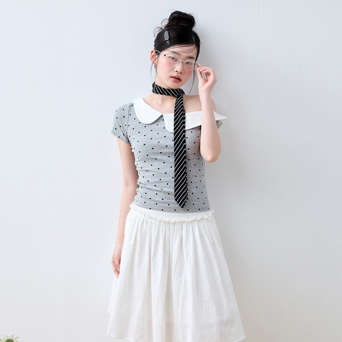 Luamoss_Ruffle_Slim_Fit_Casual_Stretch_Cotton_Polka_Cross_Print_Short_Sleeve_T-Shirts_MISSTT
