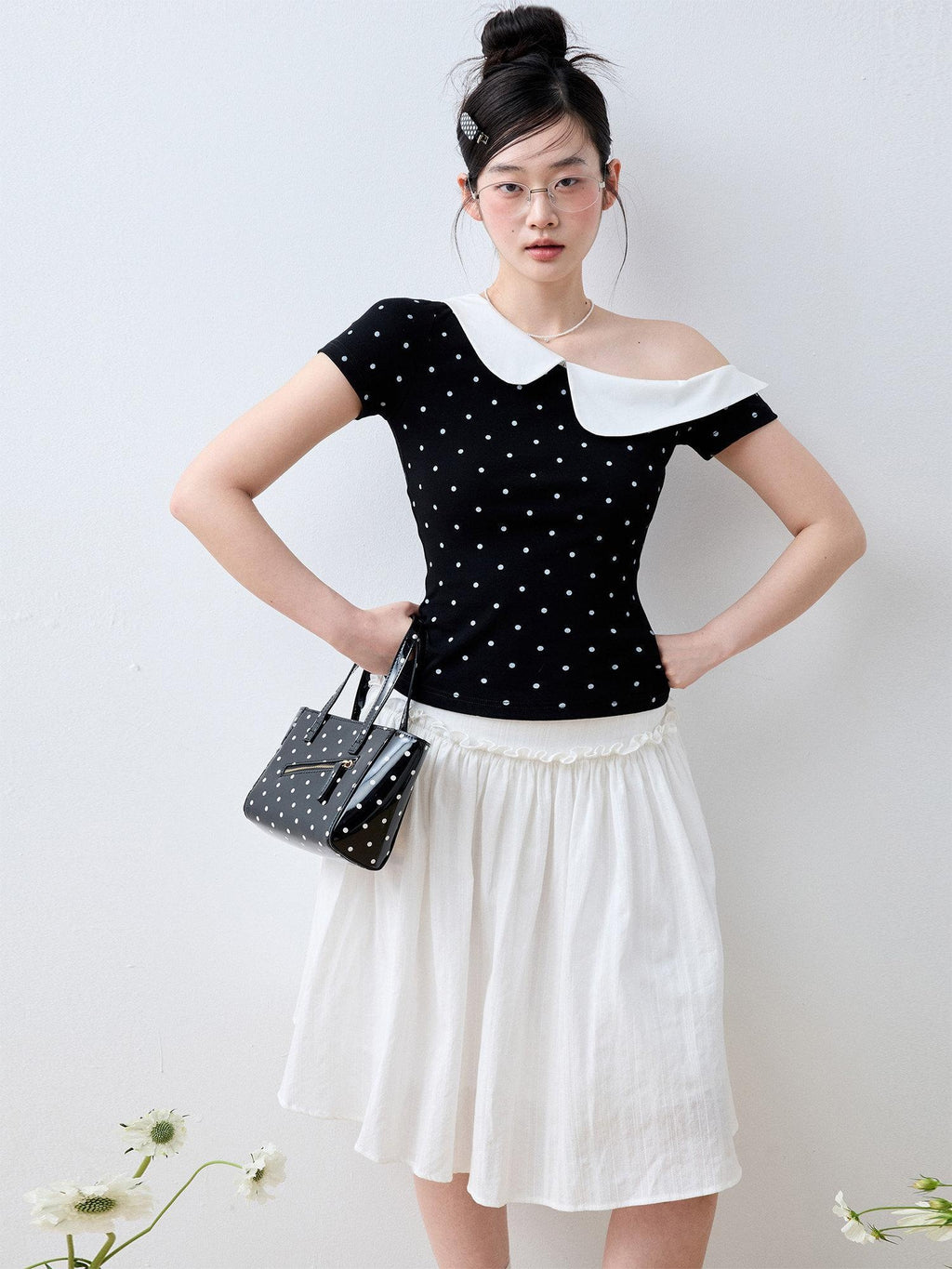 Luamoss Ruffle Slim Fit Casual Stretch Cotton Polka Cross Print Short Sleeve T-Shirts