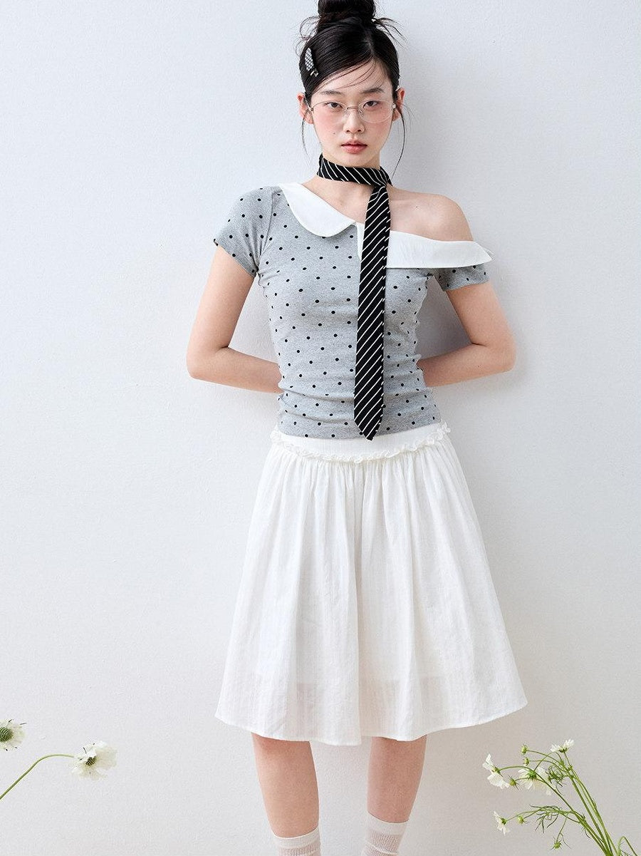 Luamoss Ruffle Slim Fit Casual Stretch Cotton Polka Cross Print Short Sleeve T-Shirts