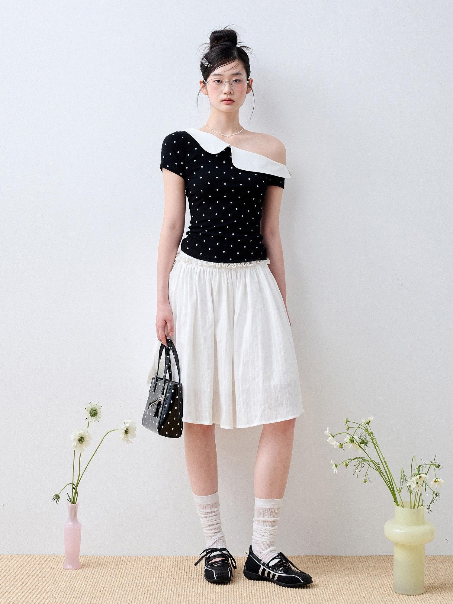 Luamoss Ruffle Slim Fit Casual Stretch Cotton Polka Cross Print Short Sleeve T-Shirts