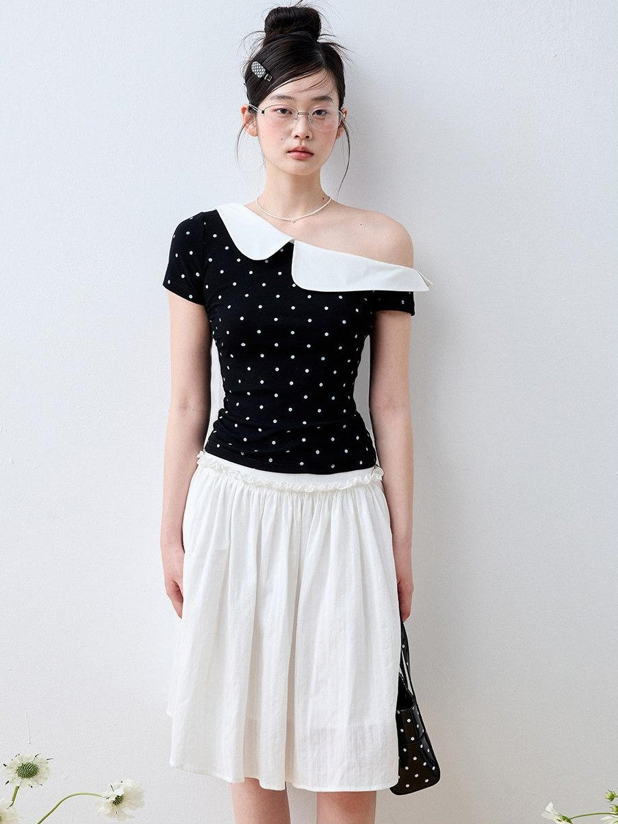 Luamoss Ruffle Slim Fit Casual Stretch Cotton Polka Cross Print Short Sleeve T-Shirts