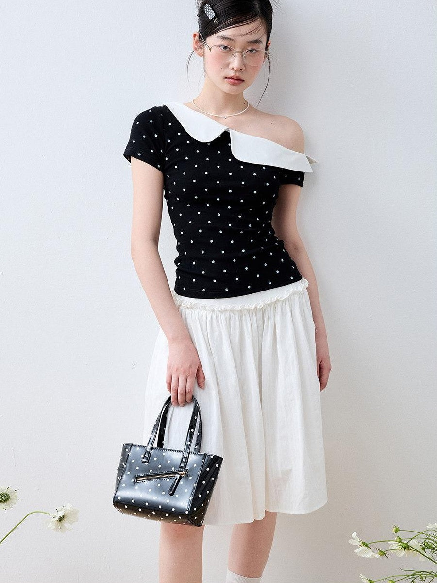Luamoss Ruffle Slim Fit Casual Stretch Cotton Polka Cross Print Short Sleeve T-Shirts