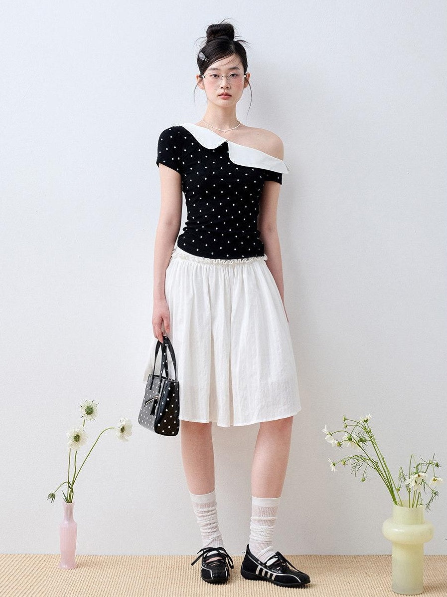 Luamoss Ruffle Slim Fit Casual Stretch Cotton Polka Cross Print Short Sleeve T-Shirts