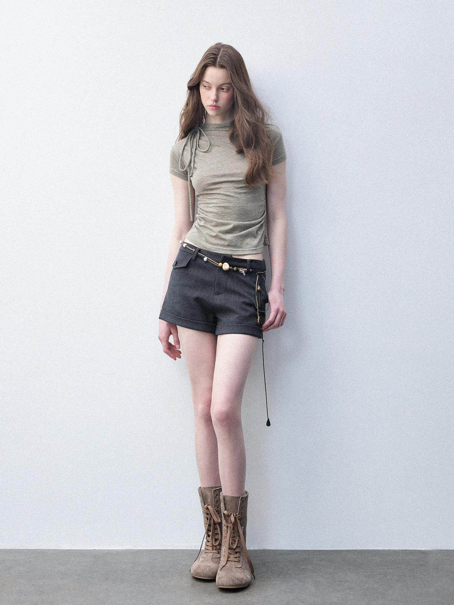 Luamoss Shape Retaining Casual Straight Natural Waist Girls Linen Gray Wool Mini Shorts