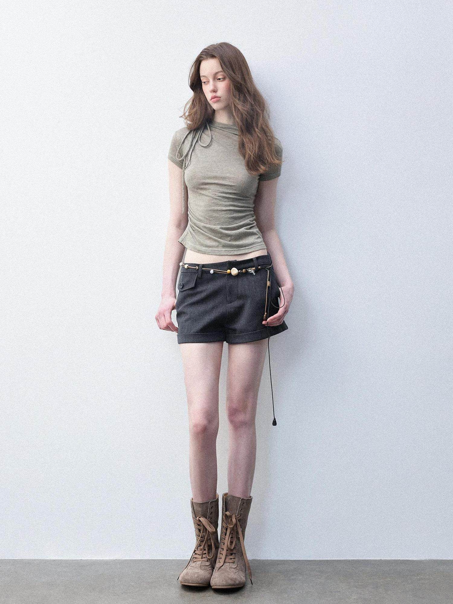 Luamoss Shape Retaining Casual Straight Natural Waist Girls Linen Gray Wool Mini Shorts