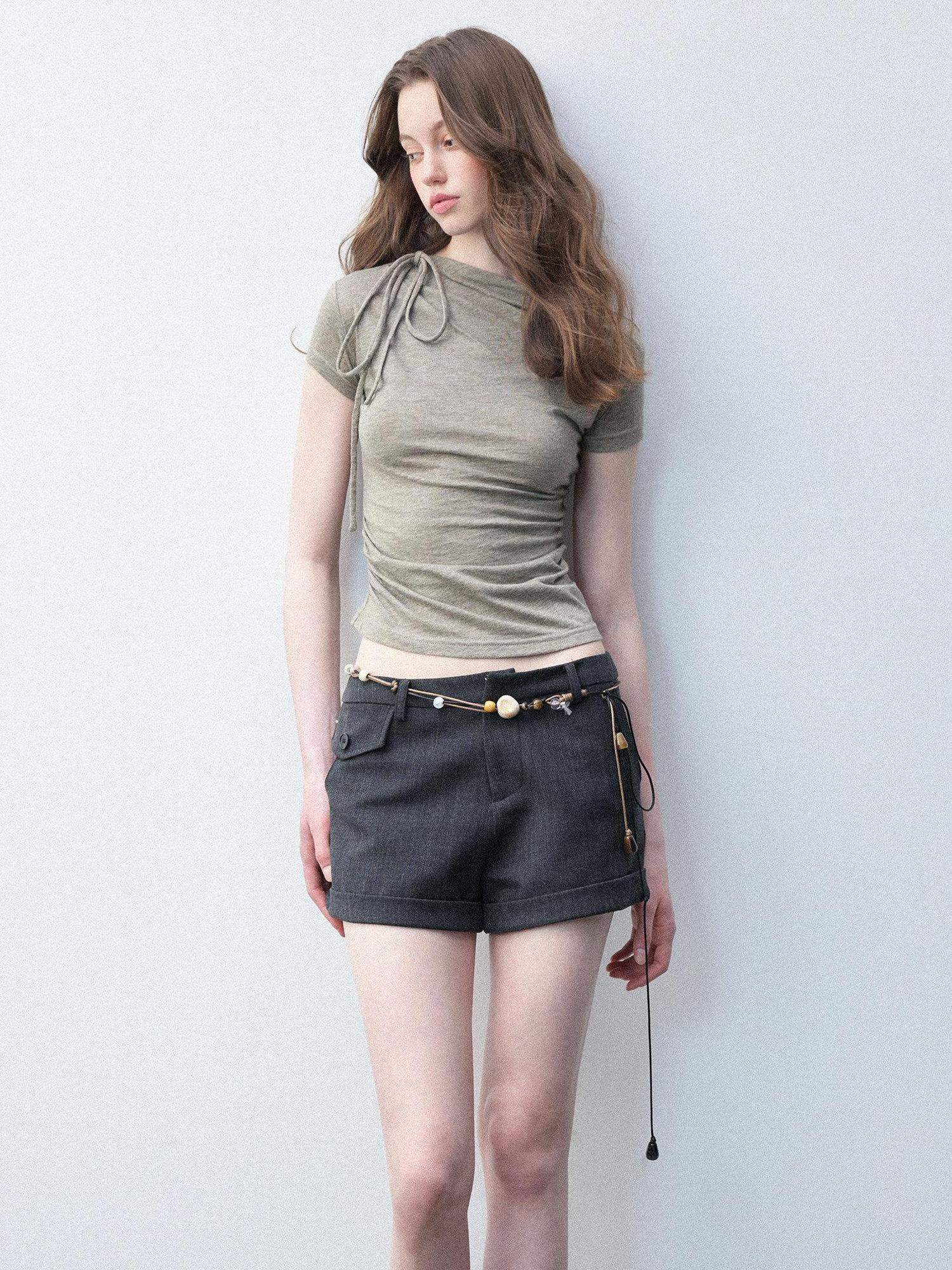 Luamoss Shape Retaining Casual Straight Natural Waist Girls Linen Gray Wool Mini Shorts