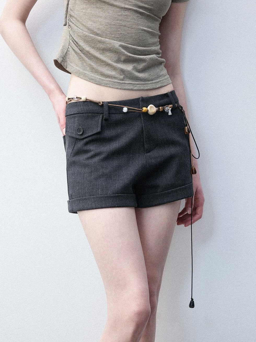 Luamoss Shape Retaining Casual Straight Natural Waist Girls Linen Gray Wool Mini Shorts