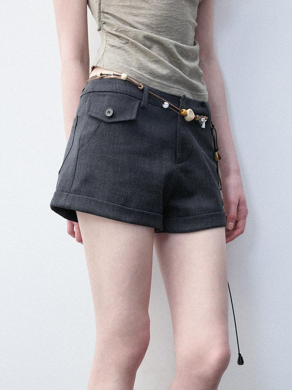 Luamoss Shape Retaining Casual Straight Natural Waist Girls Linen Gray Wool Mini Shorts
