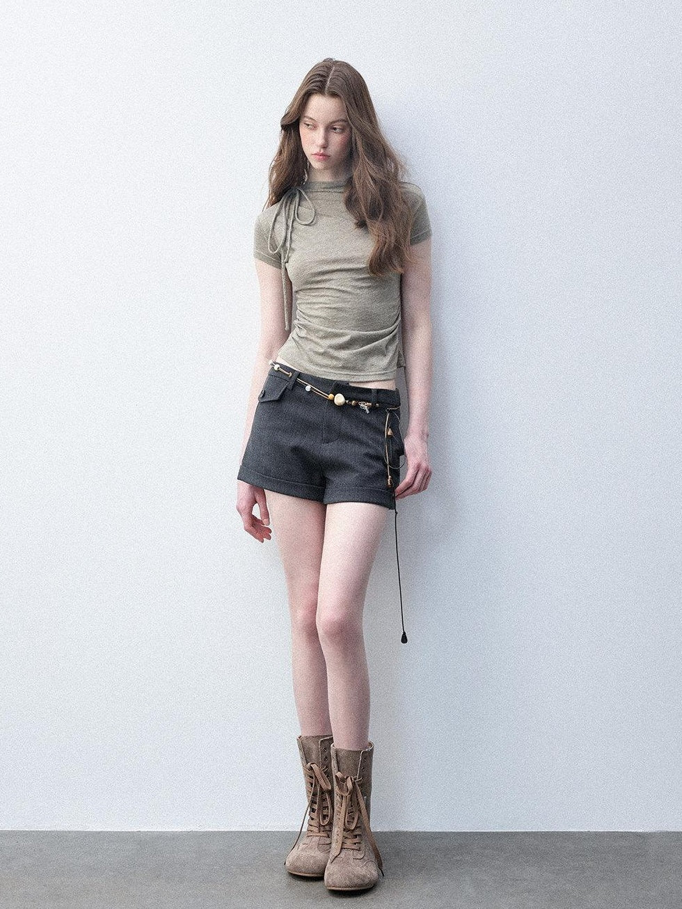 Luamoss Shape Retaining Casual Straight Natural Waist Girls Linen Gray Wool Mini Shorts