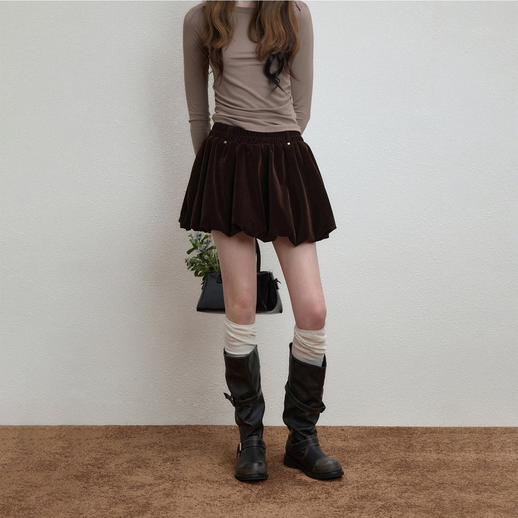 Luamoss_Silky_Mercerized_Polyester_Lined_Vintage_Aline_Elastic_Waist_Brown_Mini_Skirts_MISSTT