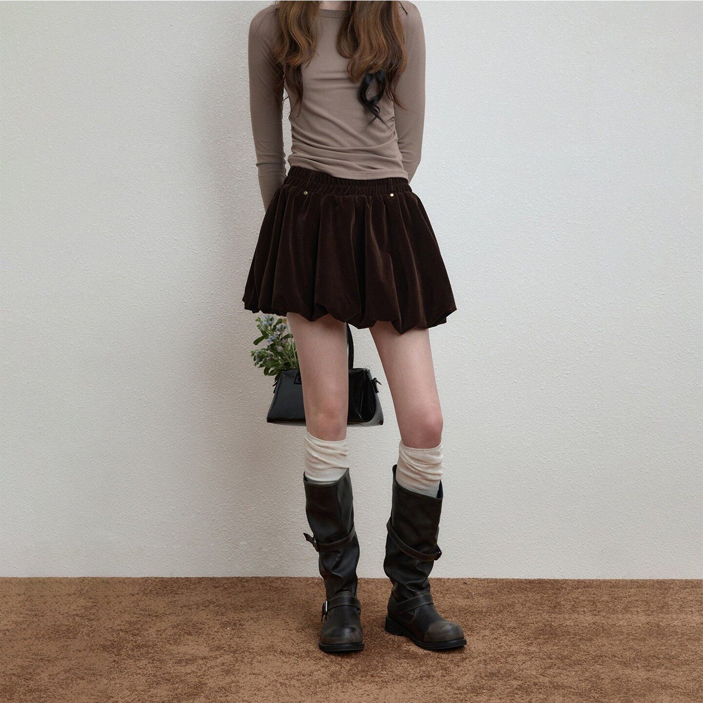 Luamoss_Silky_Mercerized_Polyester_Lined_Vintage_Aline_Elastic_Waist_Brown_Mini_Skirts_MISSTT