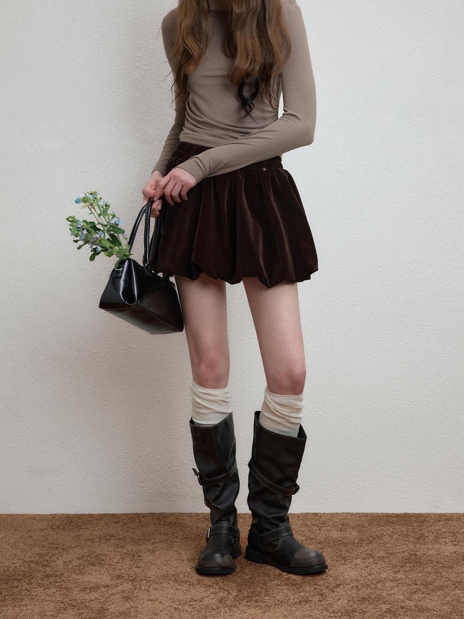 Luamoss Silky Mercerized Polyester Lined Vintage Aline Elastic Waist Brown Mini Skirts