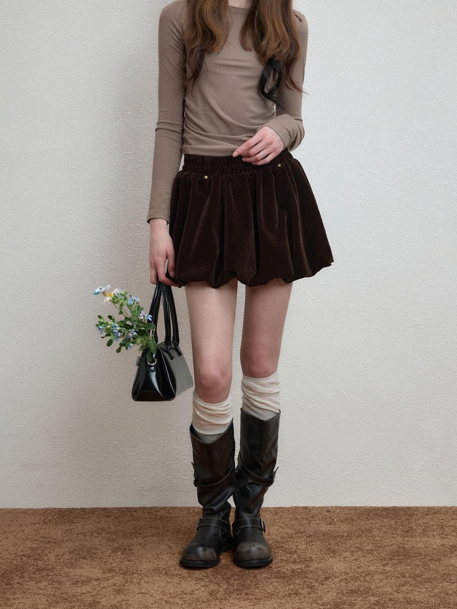 Luamoss Silky Mercerized Polyester Lined Vintage Aline Elastic Waist Brown Mini Skirts