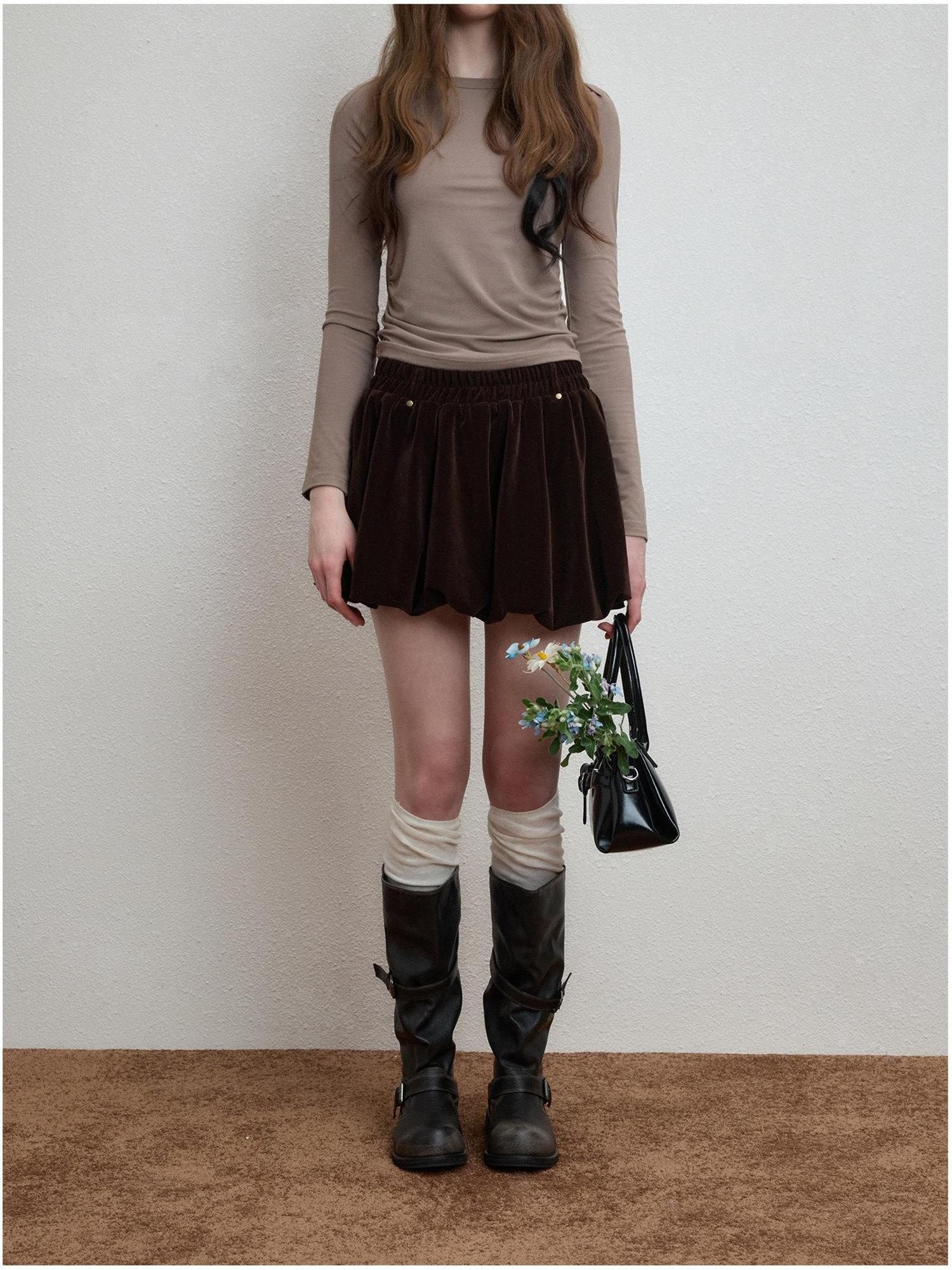 Luamoss Silky Mercerized Polyester Lined Vintage Aline Elastic Waist Brown Mini Skirts