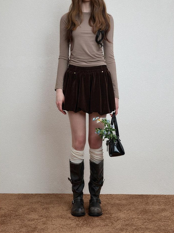 Luamoss Silky Mercerized Polyester Lined Vintage Aline Elastic Waist Brown Mini Skirts