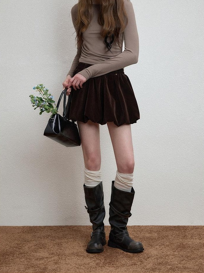 Luamoss Silky Mercerized Polyester Lined Vintage Aline Elastic Waist Brown Mini Skirts