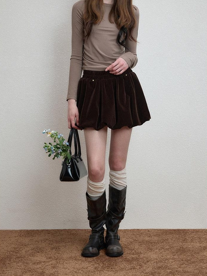Luamoss Silky Mercerized Polyester Lined Vintage Aline Elastic Waist Brown Mini Skirts