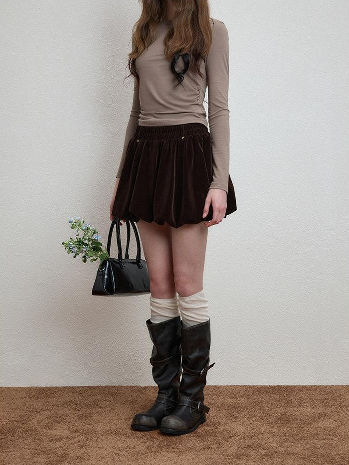 Luamoss Silky Mercerized Polyester Lined Vintage Aline Elastic Waist Brown Mini Skirts