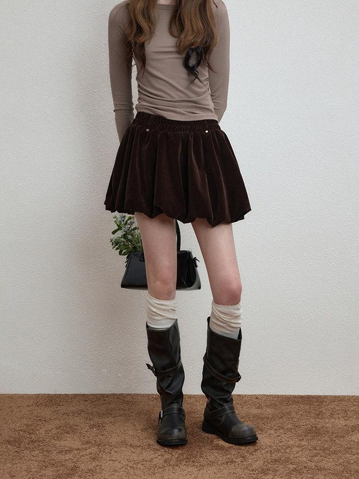 Luamoss Silky Mercerized Polyester Lined Vintage Aline Elastic Waist Brown Mini Skirts