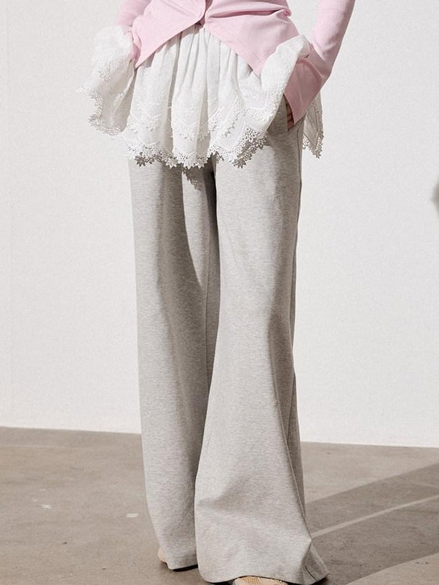 Luamoss Simple Sweet Straight Leg Lace Trim Pleated Loose Fit Ivory Gray Chinos