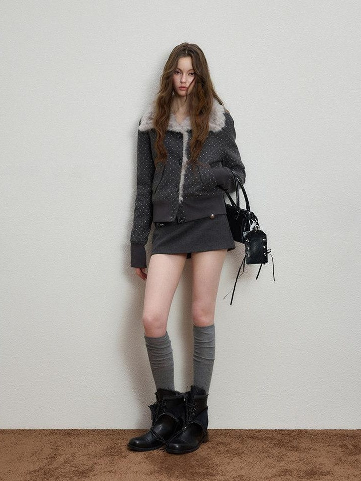 Luamoss Slimming Thick Korean Straight Fur Collar Short Dot Print Gray Wool Coats