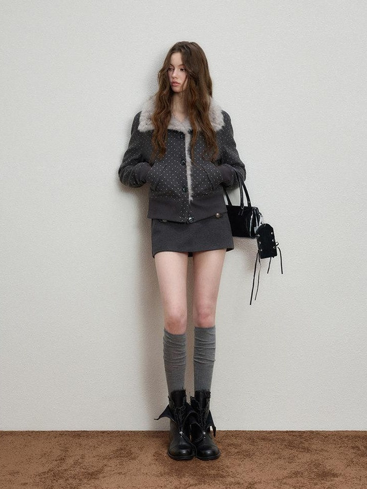 Luamoss Slimming Thick Korean Straight Fur Collar Short Dot Print Gray Wool Coats