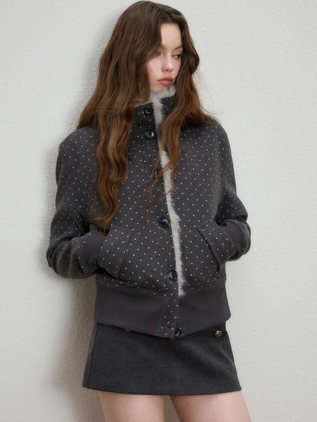 Luamoss Slimming Thick Korean Straight Fur Collar Short Dot Print Gray Wool Coats