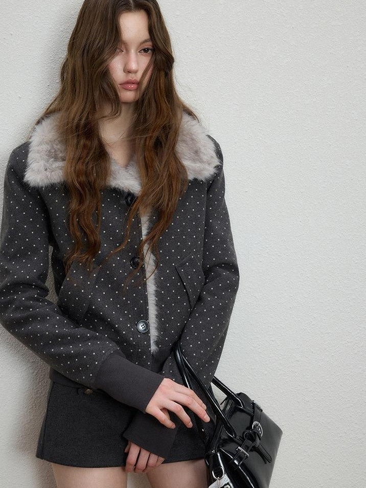 Luamoss Slimming Thick Korean Straight Fur Collar Short Dot Print Gray Wool Coats