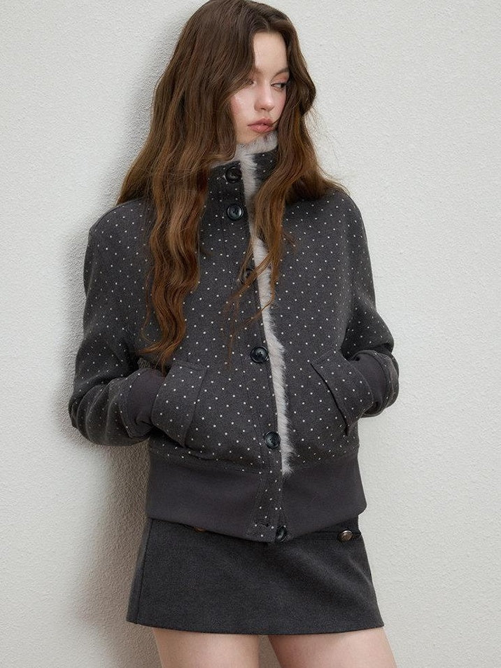 Luamoss Slimming Thick Korean Straight Fur Collar Short Dot Print Gray Wool Coats