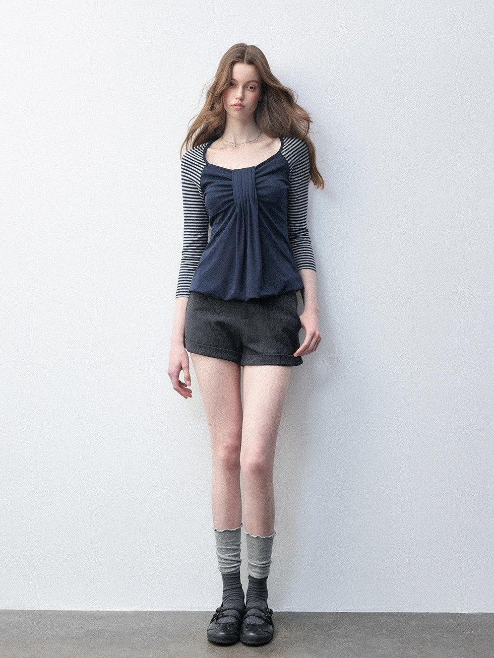 Luamoss Soft Modal Slim Fit Striped Patchwork Casual Women Gemstone Blue Mini Shorts
