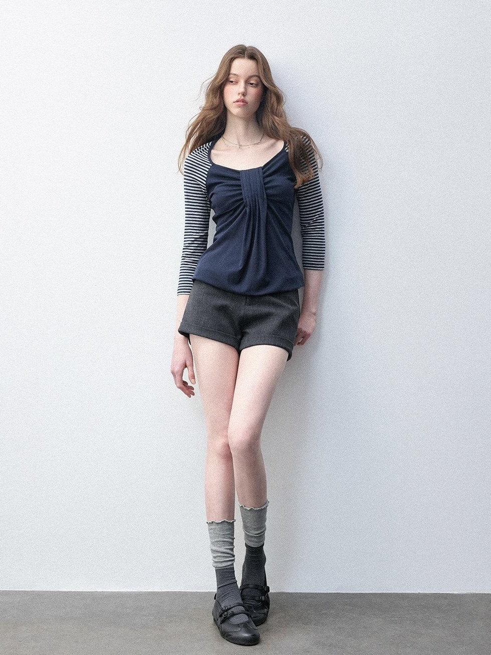 Luamoss Soft Modal Slim Fit Striped Patchwork Casual Women Gemstone Blue Mini Shorts