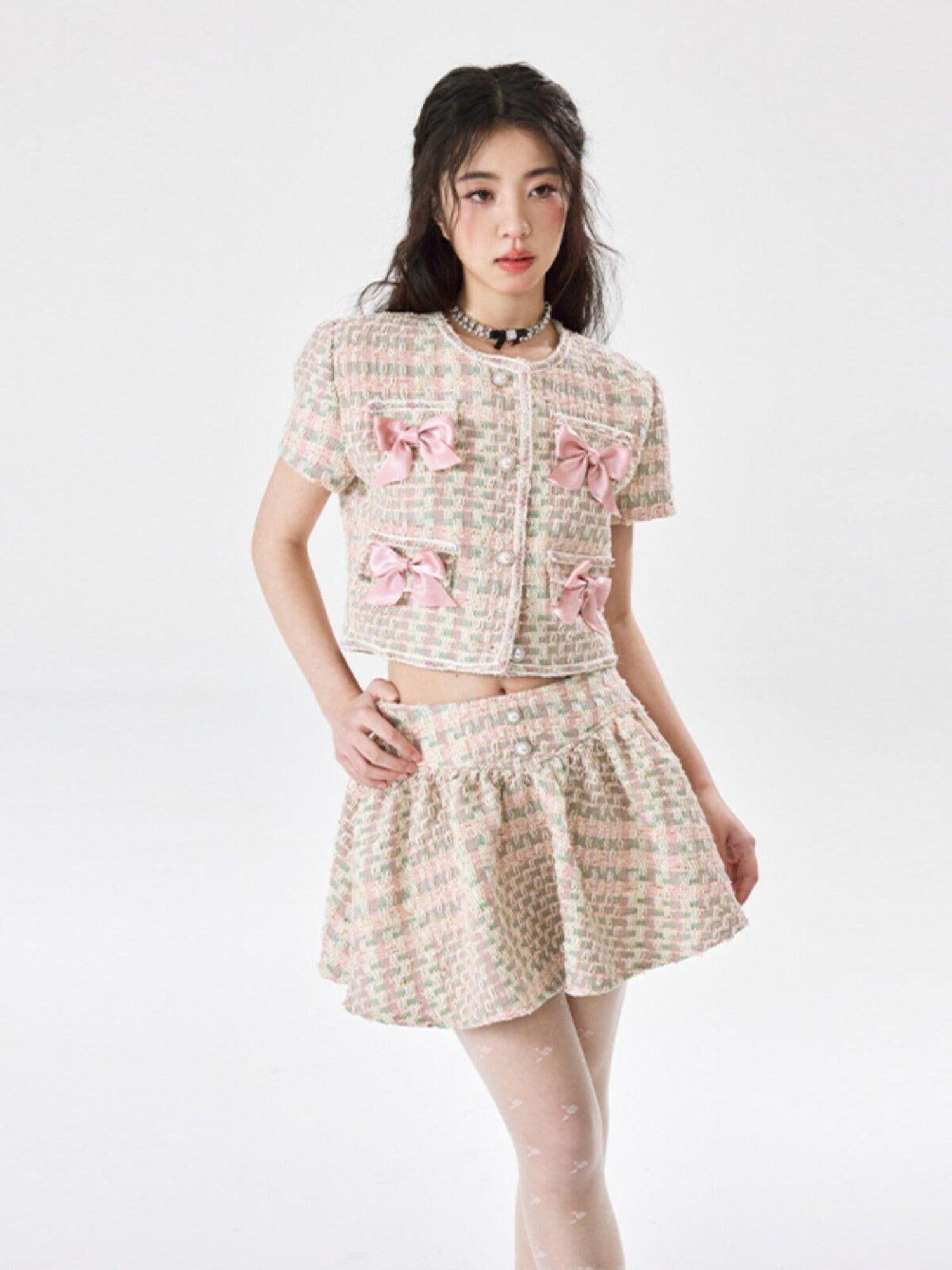 Luamoss Soft Pink Polyester Ruched Crop Top Mini Skirt Young Women Top & Skirt Sets