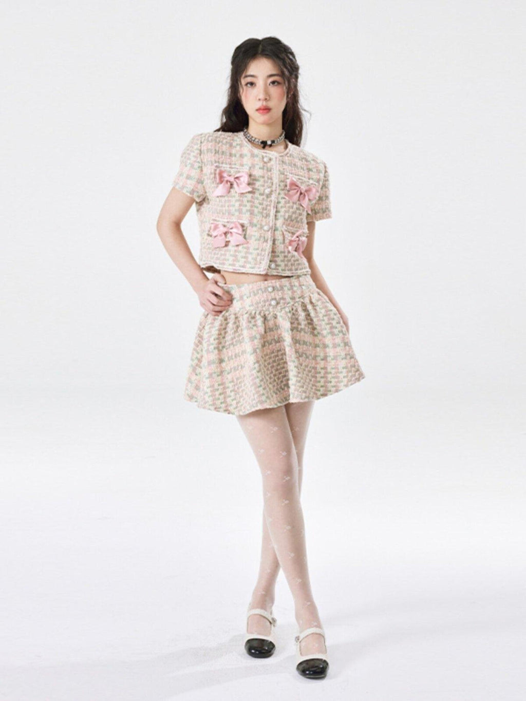 Luamoss Soft Pink Polyester Ruched Crop Top Mini Skirt Young Women Top & Skirt Sets