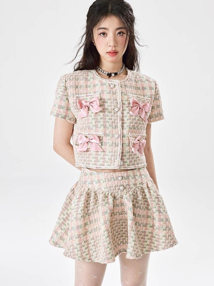 Luamoss Soft Pink Polyester Ruched Crop Top Mini Skirt Young Women Top & Skirt Sets