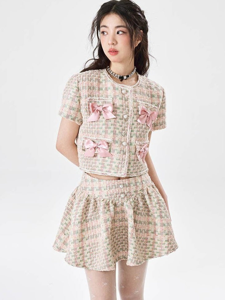 Luamoss Soft Pink Polyester Ruched Crop Top Mini Skirt Young Women Top & Skirt Sets