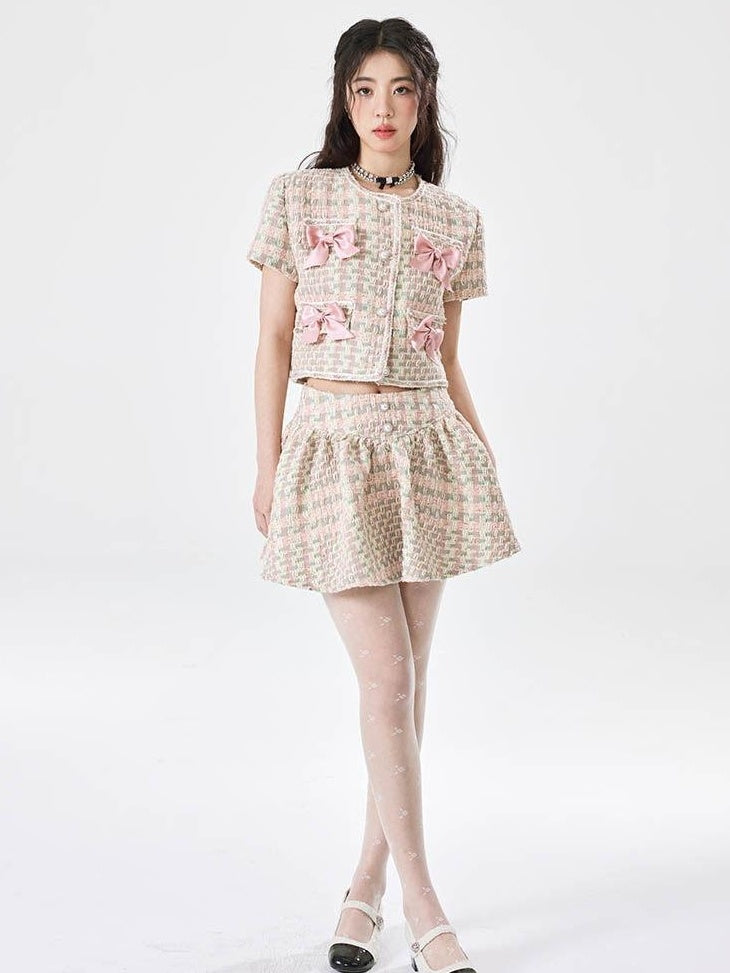 Luamoss Soft Pink Polyester Ruched Crop Top Mini Skirt Young Women Top & Skirt Sets