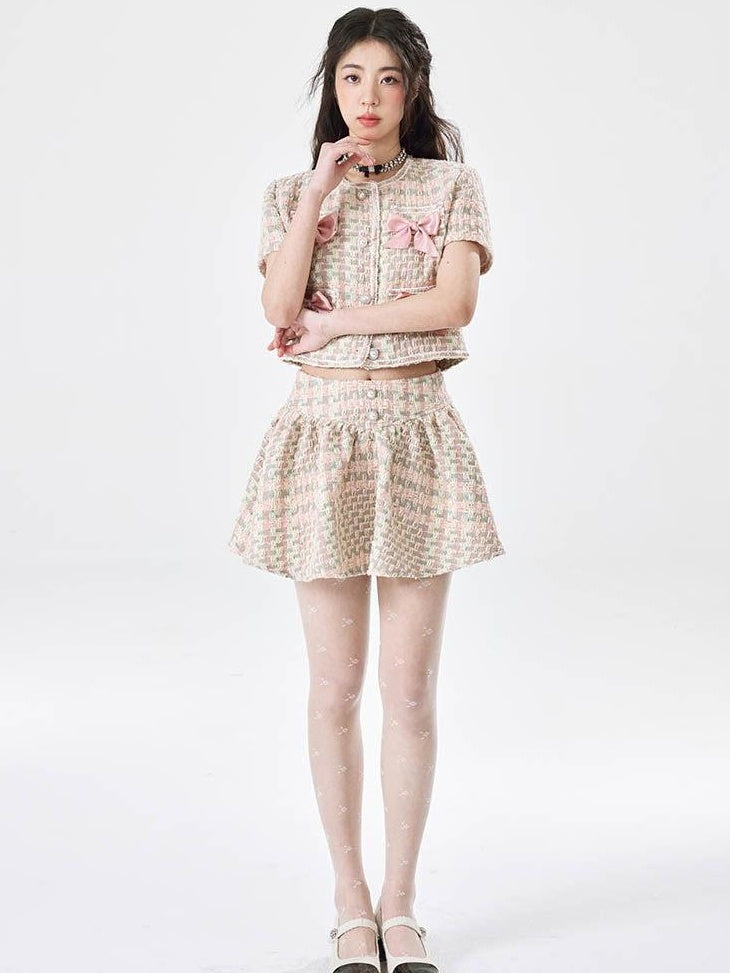 Luamoss Soft Pink Polyester Ruched Crop Top Mini Skirt Young Women Top & Skirt Sets