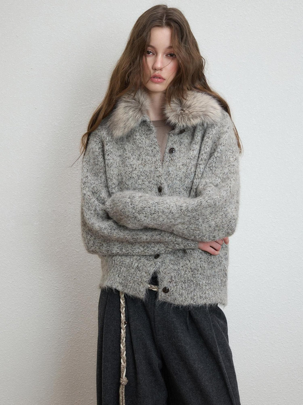 Luamoss Soft Warm Relaxed Detachable Fur Collar Women Wool Blend Button Cardigans