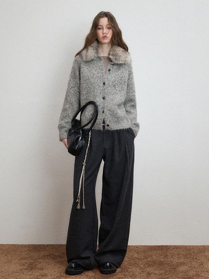 Luamoss Soft Warm Relaxed Detachable Fur Collar Women Wool Blend Button Cardigans