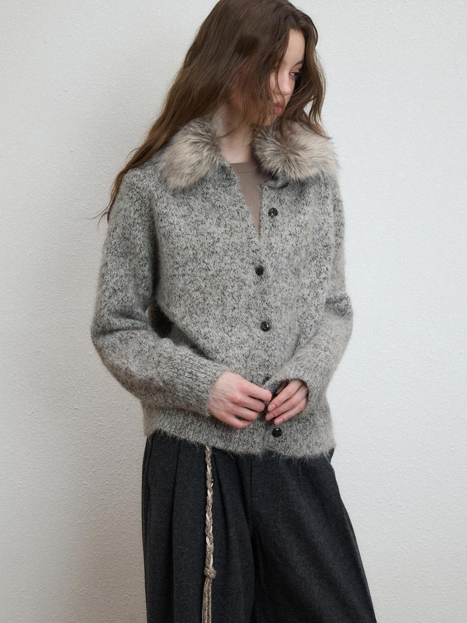 Luamoss Soft Warm Relaxed Detachable Fur Collar Women Wool Blend Button Cardigans