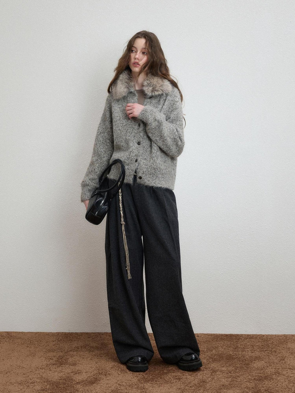 Luamoss Soft Warm Relaxed Detachable Fur Collar Women Wool Blend Button Cardigans