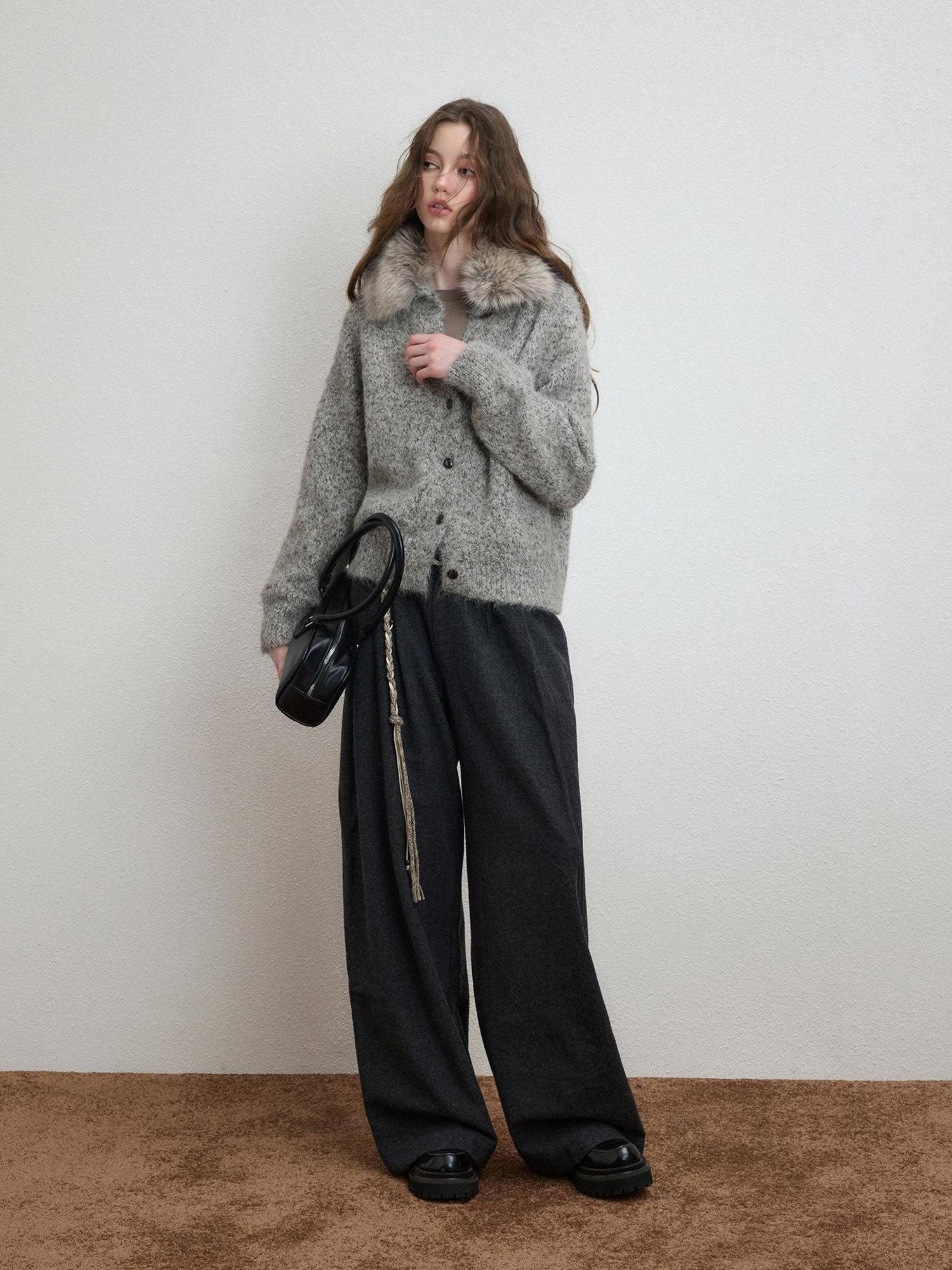 Luamoss Soft Warm Relaxed Detachable Fur Collar Women Wool Blend Button Cardigans